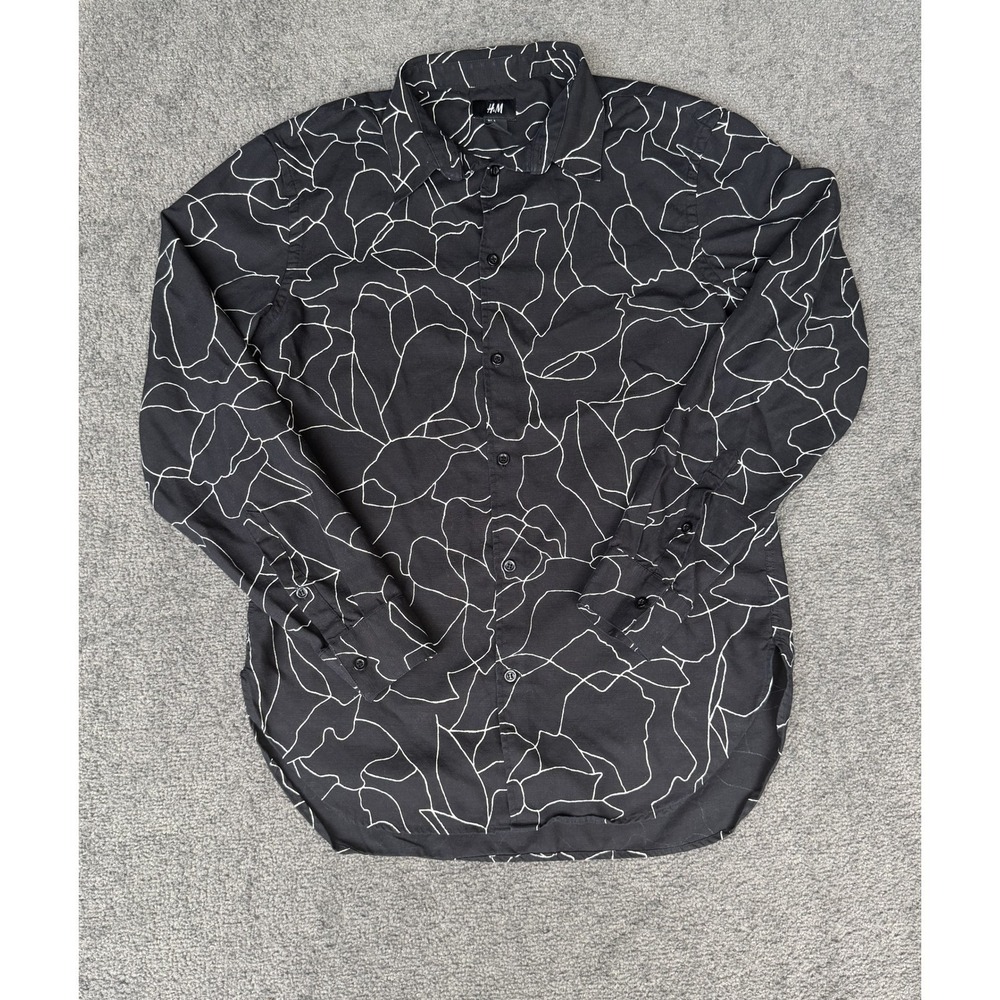H&M Mens Small Black White Abstract Floral Lyocell Button Down Long Sleeve Shirt
